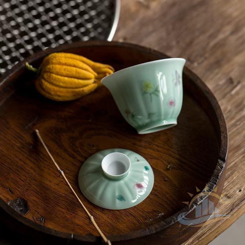 手描き茶器 中国景徳鎮産高級茶器手描き茶器 蓋碗壺承2点セット 蝶恋