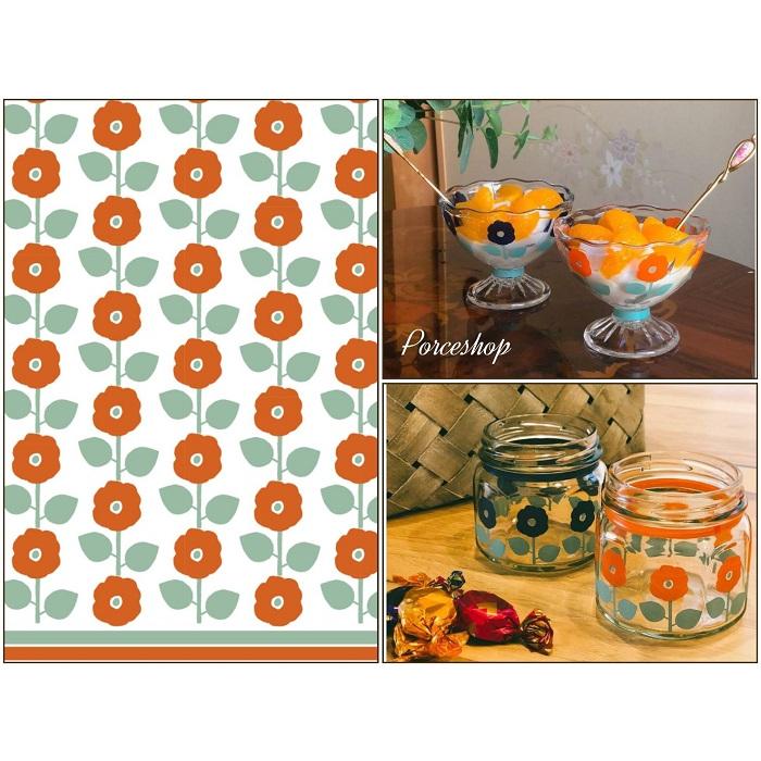 ガラス用】北欧風レトロ転写紙 ボーダー オレンジ 北欧 花 フラワー