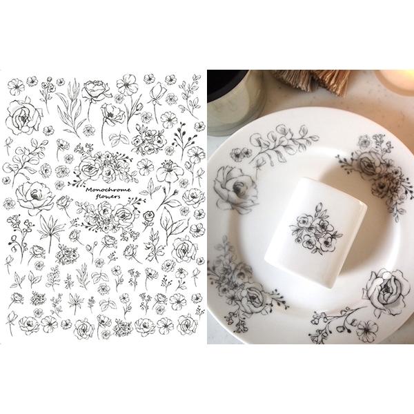 白磁用】monochrome flowers モノクロフラワー転写紙 ポーセラーツ