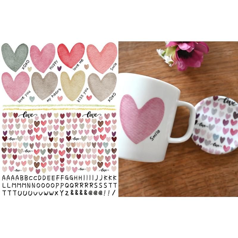 ポーセラーツ 転写紙 【白磁用】水彩ハート＆アルファベット A4サイズ