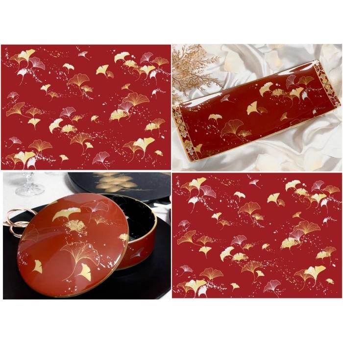 ポーセラーツ 転写紙 【白磁用】つや赤まきえ・和モダンいちょう転写紙