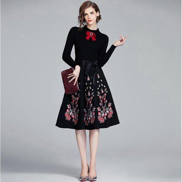 ワンピース ニット ワンピース 二次会 花嫁 袖あり ドレス 花柄 刺繍 パーティー 二次会 お呼ばれ 結婚式