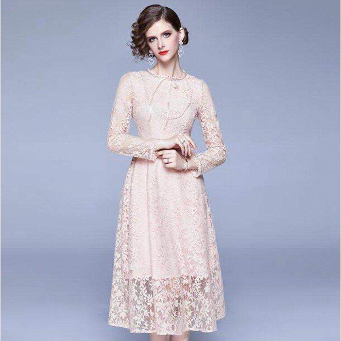 パーティードレス ミモレ丈 ワンピース総レース 長袖 結婚式 ワンピース パーティードレス入園式 二次会