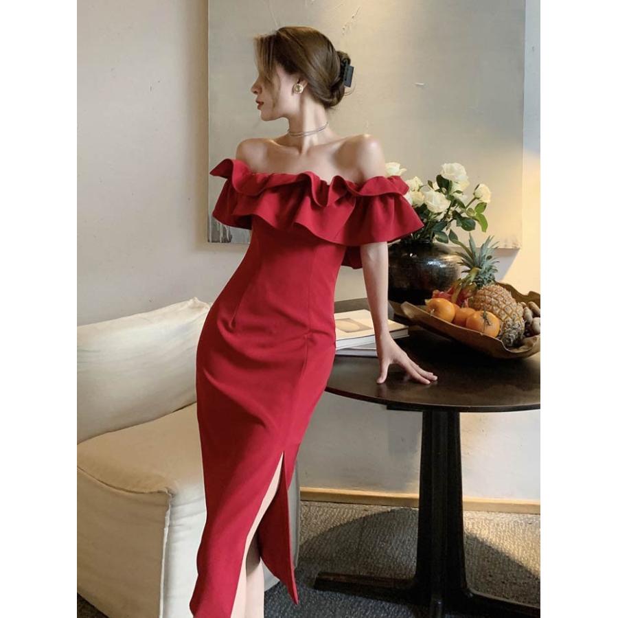 パーティードレス ミディアム 膝丈 オフショルダー ドレス 大人