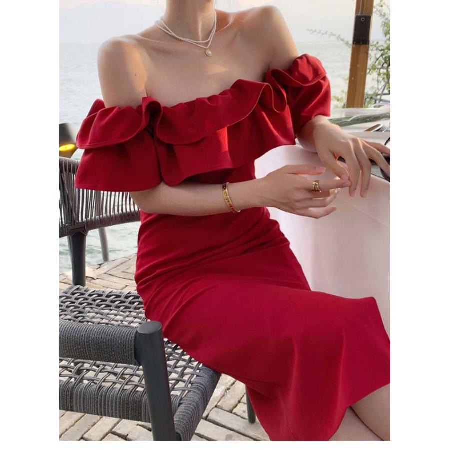 パーティードレス ミディアム 膝丈 オフショルダー ドレス 大人