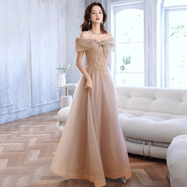 ビッグリボン オフショルダー ロングドレス ミモレ丈 演奏会黒 袖付き