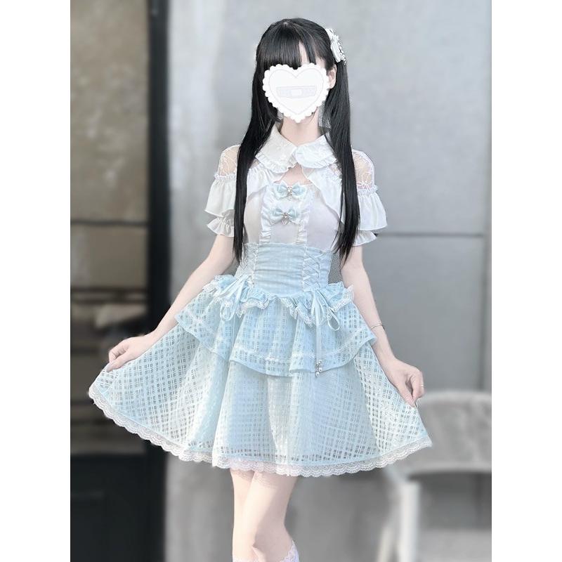 量産型 セットアップ エンジェルスリーブ 肩出し ロリータ 夏 スカート レース 半袖 レディース 女子 リボン ショート丈 ミニ 蝶結び フリル オープンショルダー ギャル ドレス Aライン かわいい 可愛い 病みかわいい 学生 お姫様 プリンセス お出かけ 通勤 ブルー 量産型 セットアップ エンジェルスリーブ 肩出し ロリータ 夏 スカート