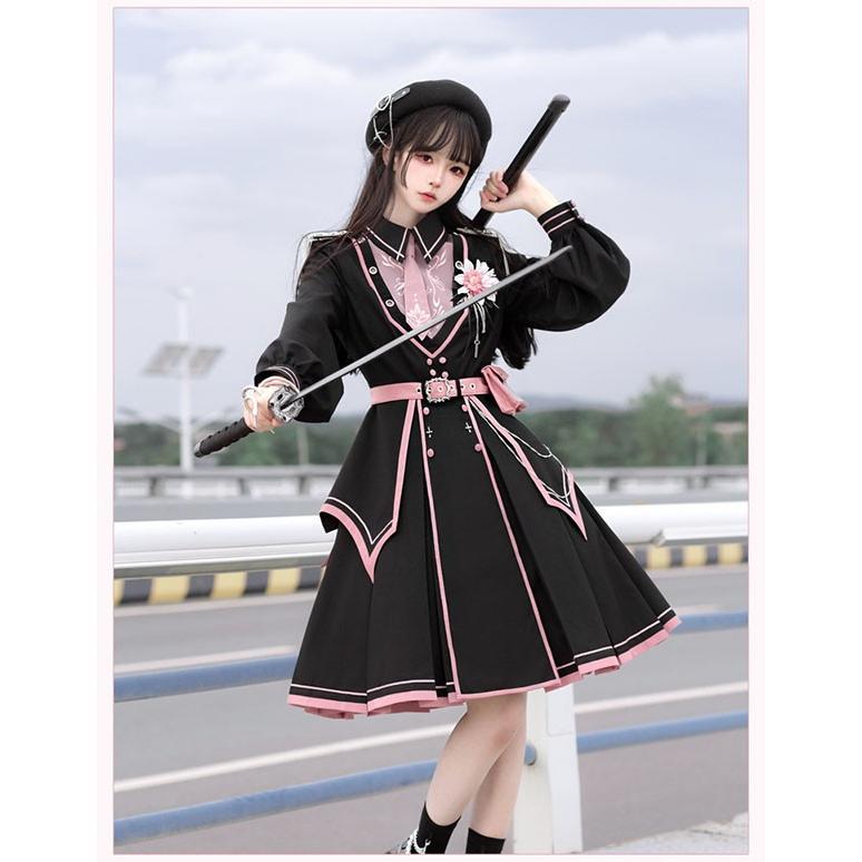 軍服ロリータ ゴスロリ フルセット ワンピース 長袖 肩章 桜柄 軍服ロリータ ゴスロリ フルセット ワンピース 長袖 肩章 桜柄
