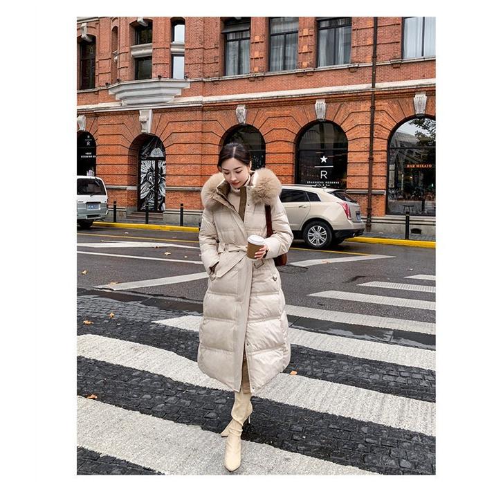 レディース ロングダウンコート 90％ダウン ファー襟付き ウエスト絞り