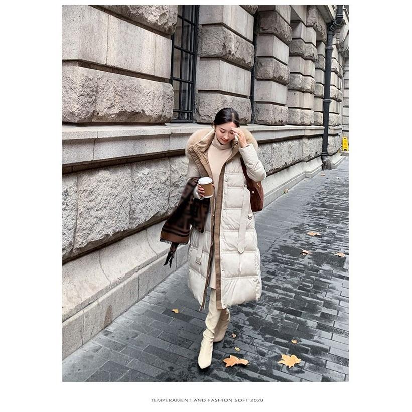 レディース ロングダウンコート 90％ダウン ファー襟付き ウエスト絞り