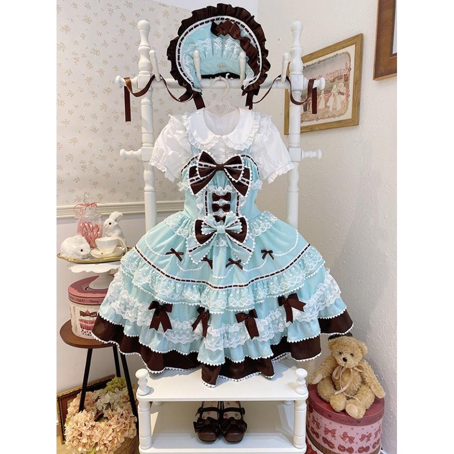 ロリータ 甘ロリ フリル ジャンスカ JSK ワンピース 水色 ロリータ JSK ワンピース レディース ジャンパースカート 吊りスカート