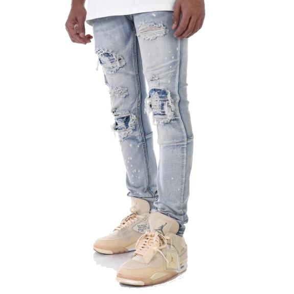 ケーディーエヌケー デニム KDNK DENIM PATCHED RIPPED STRETCH BLUE 
