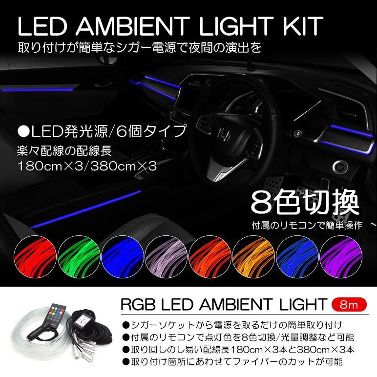 カー用品 車 汎用 LED アンビエントライト6in1 リブ付きチューブ 8m