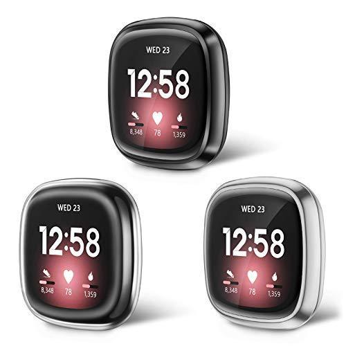 3個セット Fintie 色々な Fitbit Versa 3 Sense ケース 全面保護バンパー スクリーンカバー フィットビット メッキ ソフトtpu 耐衝撃 脱着簡単 薄型 軽量 クリア Fi
