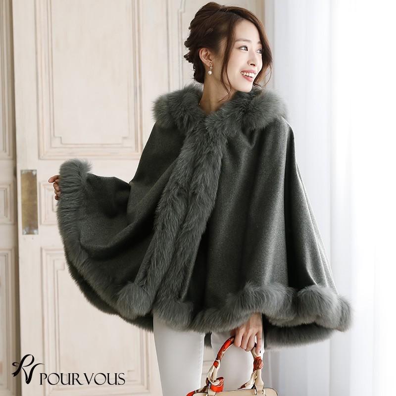 美品高級毛皮ウール / カシミヤ×ブルーフォックス◇大判ケープ送料無料