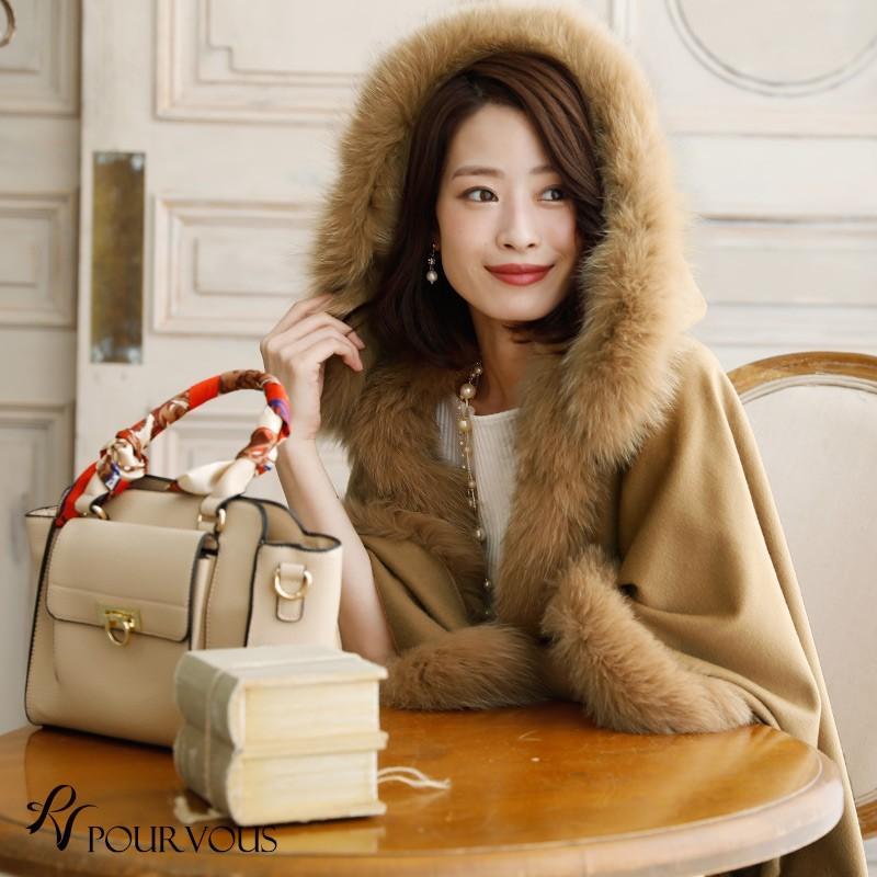 美品高級毛皮ウール / カシミヤ×ブルーフォックス◇大判ケープ送料無料