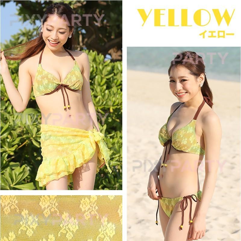 PourVous フラワー レースアップ ビキニ 巻き パレオ 付き 3点セット