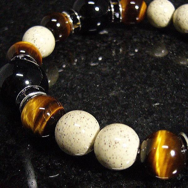 北投石(大玉10mm) 天然ラジウム鉱石 オニキス 大玉14mm タイガーアイ10mm ブレスレット/玉川温泉と同じ台湾産北投石 【ネコポス/ポスト投函】CP5の画像