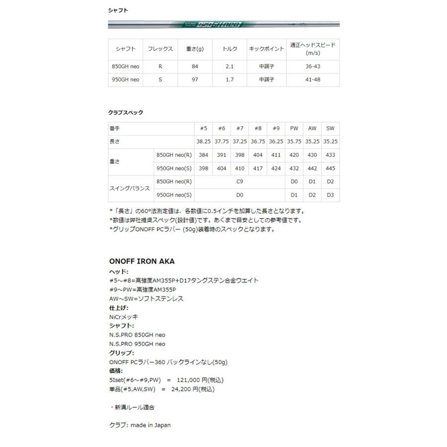 24SSオノフ メンズ AKA アカ アイアン 5本組(6-9、PW) NS PRO 850 GH neoスチールシャフト ONOFF アイアンセット【24】｜powergolf-y｜02