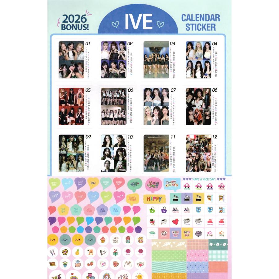 K-POP グッズセット うちわ カレンダー IVE グッズ 大判 壁掛け カレンダー 2026年 (令和8年) + ステッカー