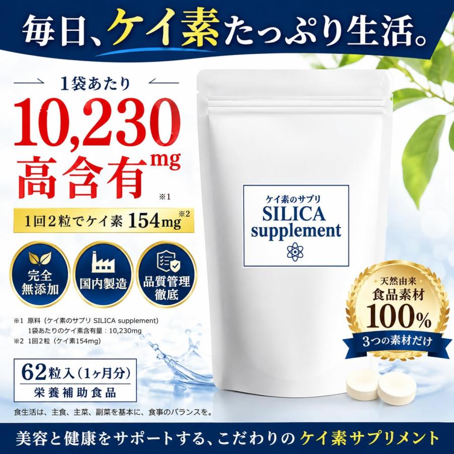 最新版 ケイ素のサプリ 2袋/1ヶ月分62粒入×2【国内製造】食品素材100