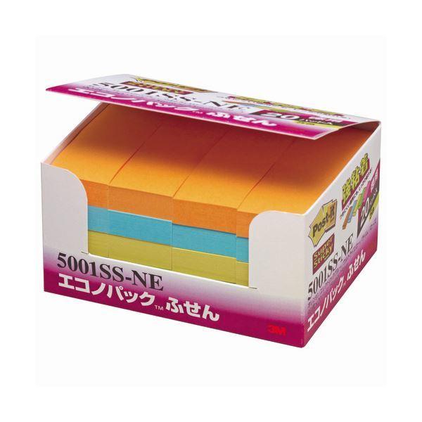 （まとめ） 3M ポストイット エコノパック 強粘着ふせん 75×25mm ネオンカラー5色 5001SS-NE 1パック（20冊） 〔×2セット〕