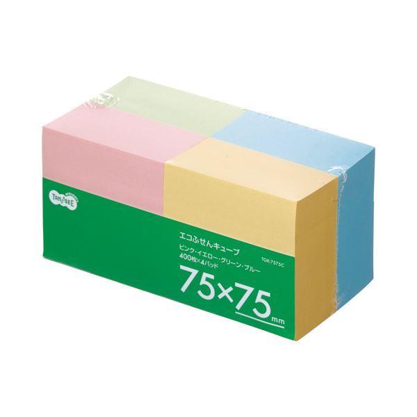 （まとめ） TANOSEE エコふせん キューブ 75×75mm 4色 1パック（4冊） 〔×4セット〕
