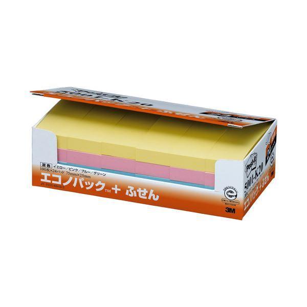 （まとめ） 3M ポストイット エコノパック ふせん 再生紙 75×25mm 4色 5001-K20 1パック（24冊） 〔×2セット〕