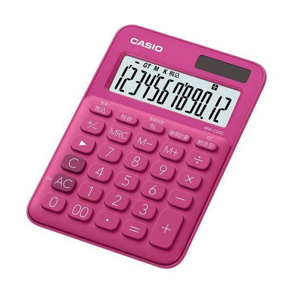 （まとめ）カシオ カラフル電卓 ミニジャストタイプ12桁 ビビッドピンク MW-C20C-RD-N 1台〔×5セット〕