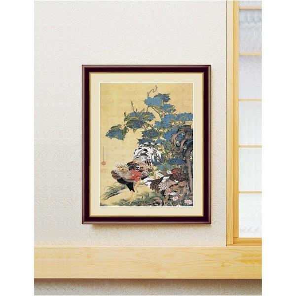 伊藤若冲 額装品 茶 〔 F6号 紫陽花双鶏図 〕 若冲 鳳凰 旭日 動植綵絵額 群鶏 白鳳 鶏_1