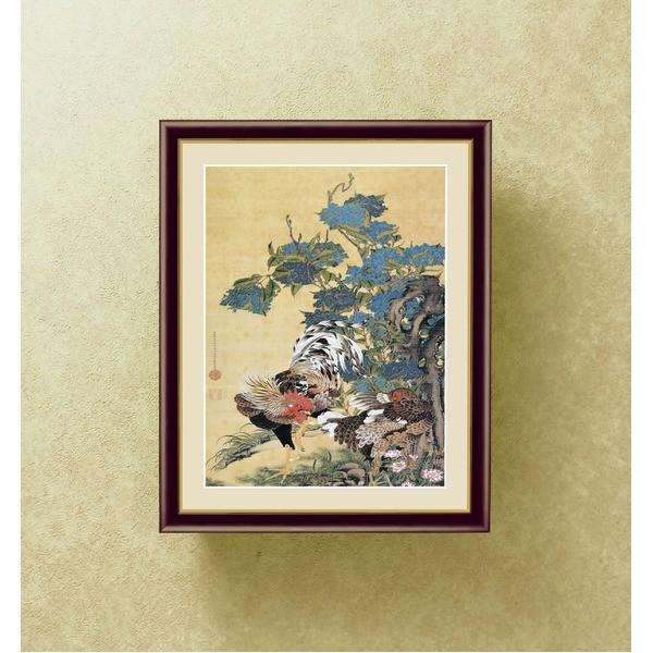 伊藤若冲 額装品 茶 〔 F6号 紫陽花双鶏図 〕 若冲 鳳凰 旭日 動植綵絵額 群鶏 白鳳 鶏_2
