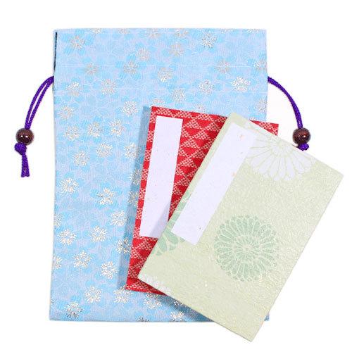 御朱印帳袋「青」巾着 金襴 日本製 表現社 マチなし ポーチ : 鎌倉香紙