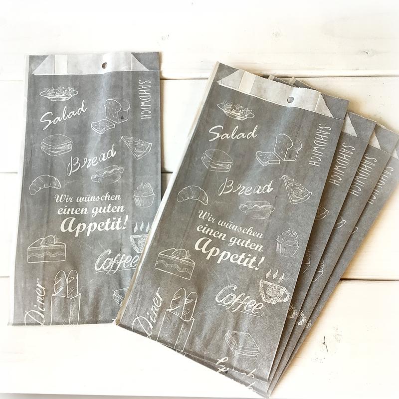 紙袋 パン屋さんの袋 guten Appetit! グレー 12x22.5cm 横マチ付 5枚