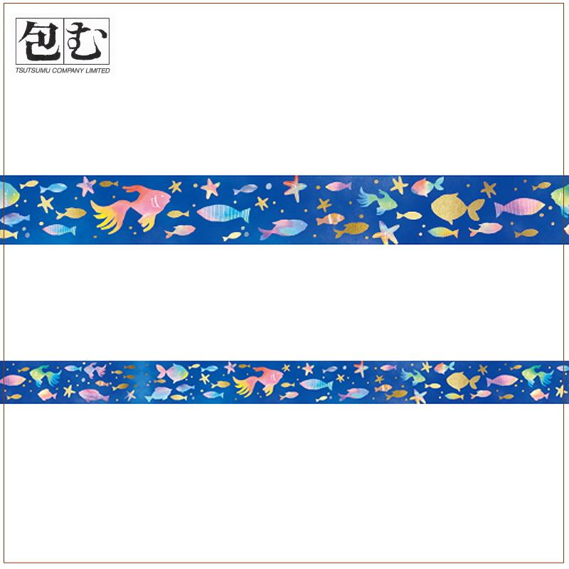 マスキングテープ 包む 送料140円〜 箔押し 魚 15mm×5m M-0154 金