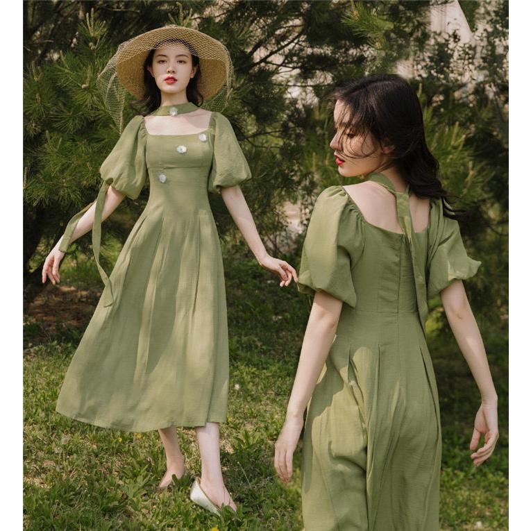 お嬢様ドレス グリーン エメラルド ワンピース ロング マキシ レディース ワンピース Aライン 森ガール ナチュラル Ojyo01 Picoo 通販 Yahoo ショッピング