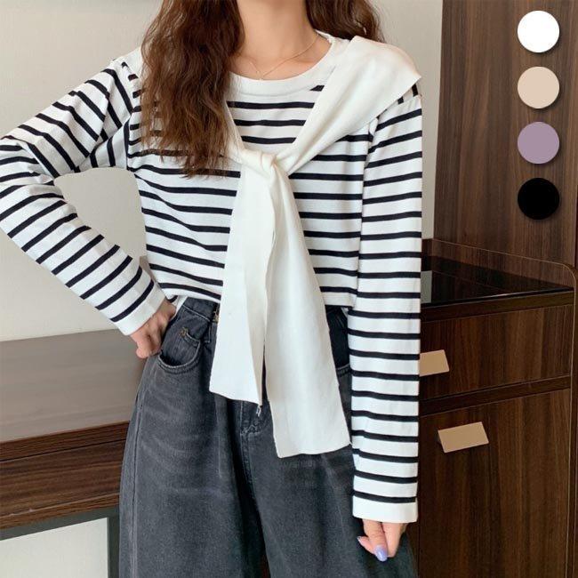 長袖tシャツ ニット 薄手 ニットセーター ボーダー柄 レディース ボーダー柄tシャツ 偽二枚 Tシ レディース服