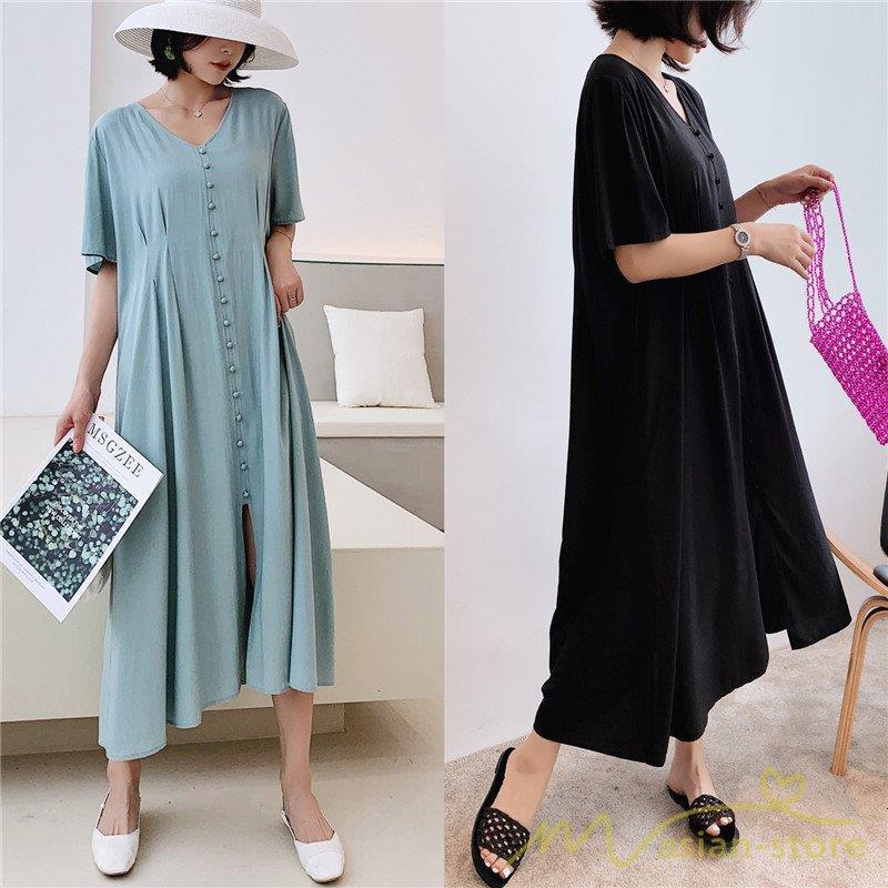 ワンピース マキシワンピース 半袖 マキシ丈ワンピー フレア 落ち感 エレガント フロントスプリット ワンピース 薄手 無地 ゆったり きれいめ Xrxj Picoo 通販 Yahoo ショッピング