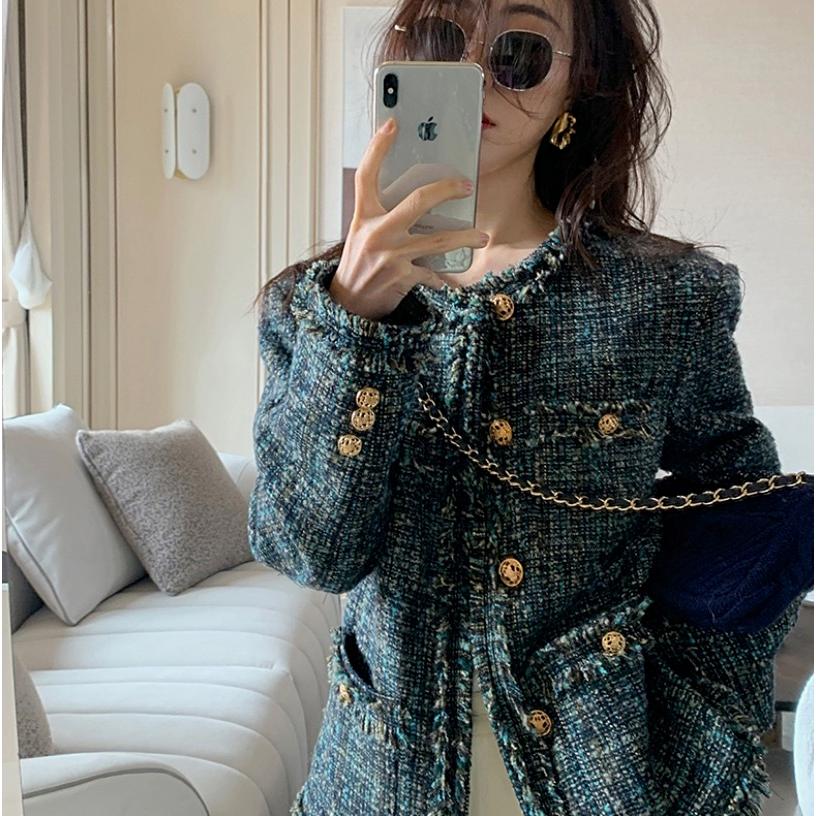 人気ブランド ミドル丈 長袖 アウター ツイード レディース ジャケット ブルーグリーン 秋冬 デート 女子会 お出かけ 通学 通勤 シック フェミニン ノーカラー ノーカラージャケット サイズ M Www Tvusac Com