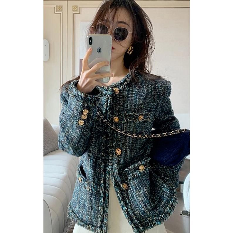 人気ブランド ミドル丈 長袖 アウター ツイード レディース ジャケット ブルーグリーン 秋冬 デート 女子会 お出かけ 通学 通勤 シック フェミニン ノーカラー ノーカラージャケット サイズ M Www Tvusac Com