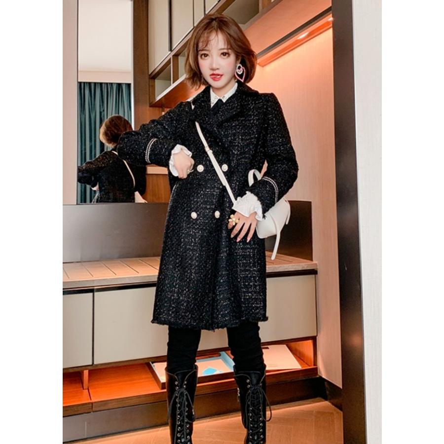 在庫限り S M 秋冬 デート 女子会 お出かけ 通学 通勤 かっこいい クール ブラック ミドル丈 長袖 ツイード コート アウター ファッション レディース 秋冬 ブラック 50代 40代 30代 代 3xl 2xl Xl L コート アウター