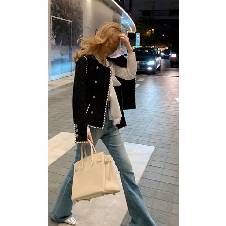 有名な高級ブランド 通学 シック 通勤 かっこいい ブラック ショート丈 長袖 ツイード ジャケット アウター 冬 秋 ファッション レディース お出かけ デート 女子会 ノーカラージャケット サイズ L Appvoir Com