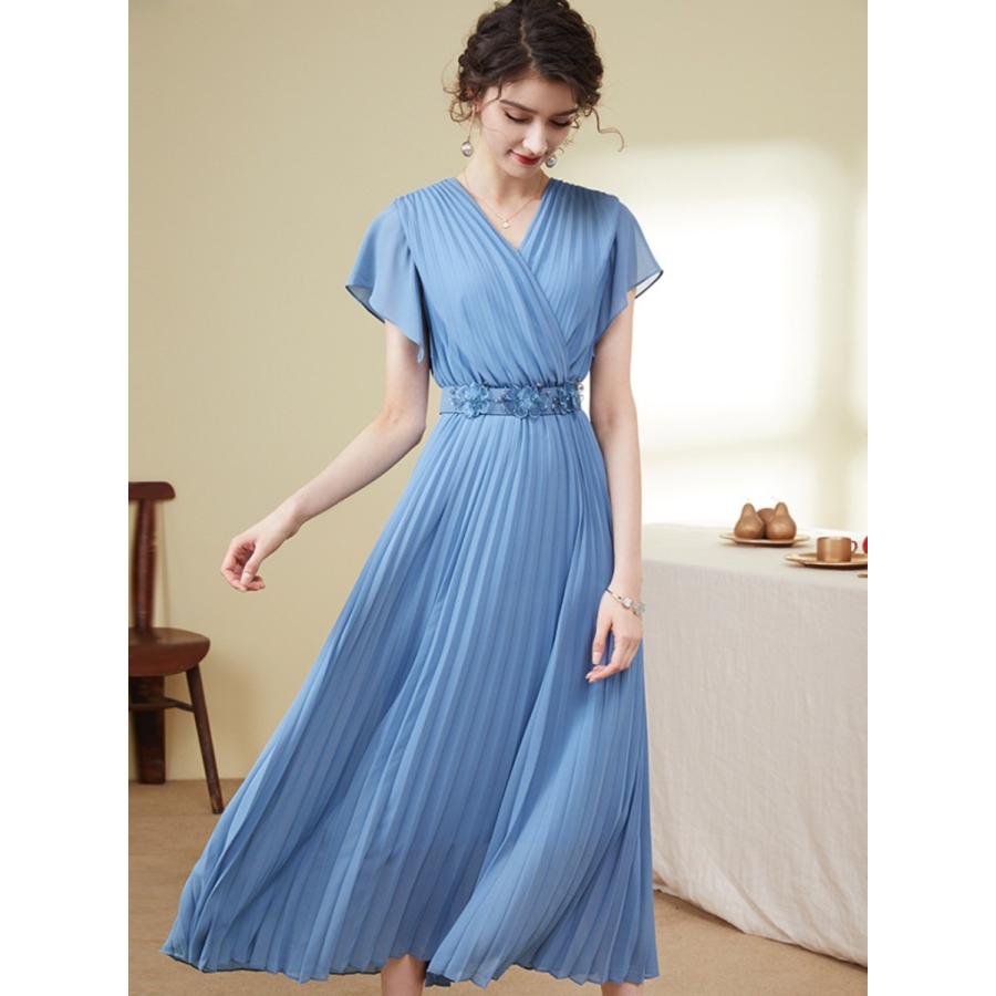 送料無料 新品 パープル オーク ブルー 50代 40代 30代 代 Xl L M S 夏 夏 デート 女子会 パーティー お出かけ エレガント 華やか パープル オーク ブルー プリーツ シフォン きれいめ レディース ワンピース ワンピース チュニック
