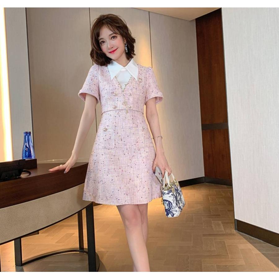 ワンピース レディース ツイード ワンピース ツイードワンピース 半袖 膝丈 ミドル丈 ピンク えり 白襟 ウエストシェイプ ウエスト切り替え ダブルボタン Op T0674 Prairie East ヤフー店 通販 Yahoo ショッピング