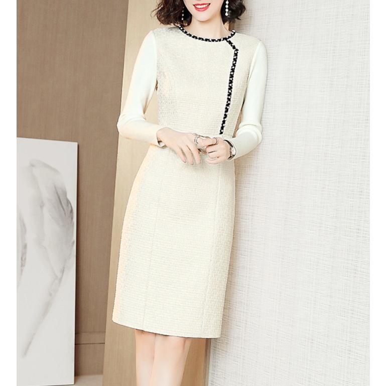希少 お出かけ 通学 通勤 フェミニン 大人っぽい シック バックファスナー タイト ベージュ 膝丈 長袖 ツイード レディース ワンピース 秋 ベージュ 50代 40代 30代 代 2xl Xl L M S 女子会 秋 デート ワンピース チュニック