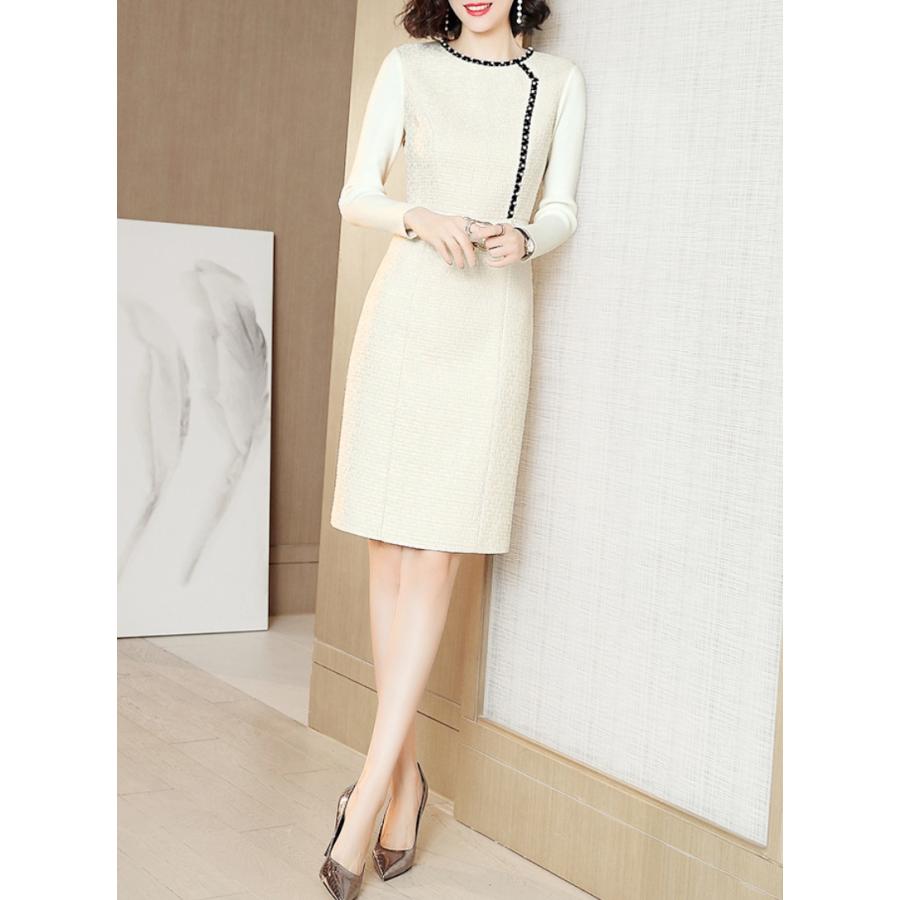 希少 お出かけ 通学 通勤 フェミニン 大人っぽい シック バックファスナー タイト ベージュ 膝丈 長袖 ツイード レディース ワンピース 秋 ベージュ 50代 40代 30代 代 2xl Xl L M S 女子会 秋 デート ワンピース チュニック