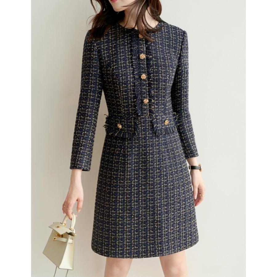 人気ブランドの フェミニン 大人っぽい ワインレッド ネイビー 膝丈 長袖 ツイード レディース ワンピース 通勤 秋冬 デート 女子会 お出かけ 通学 ワンピース サイズ L Pathwaysfl Org