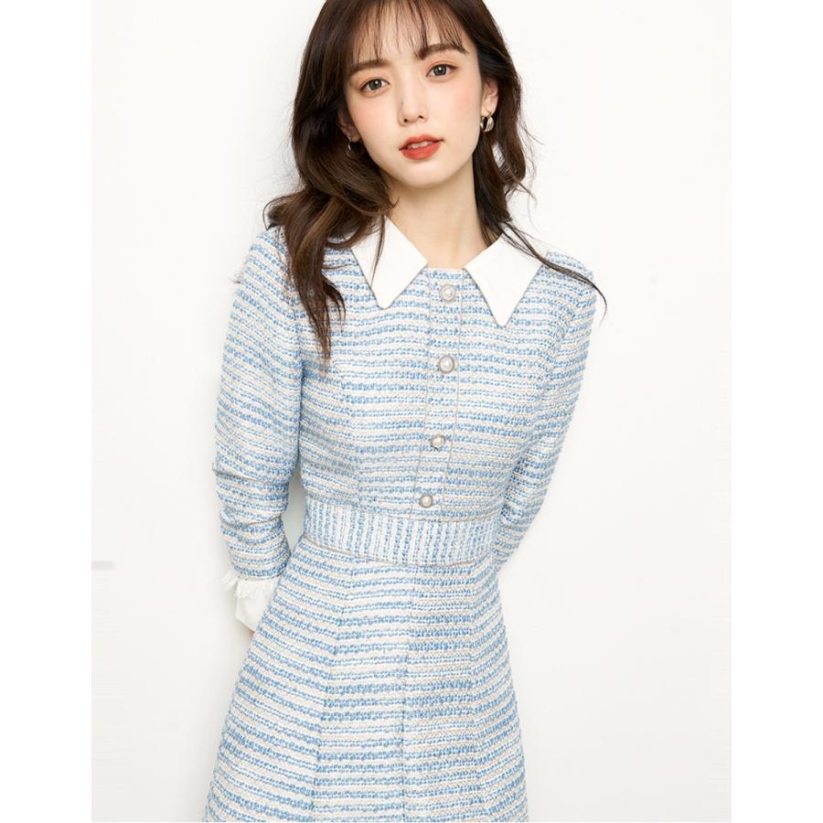 かわいい レディース ワンピース 秋冬 ブルー 30代 代 L M S ファッション デート 女子会 お出かけ 通学 通勤 入学式 入園式 フェミニン 上品 ブルー 膝丈 8分袖 ツイード 春 冬 秋 ワンピース チュニック Services Luthercare Com