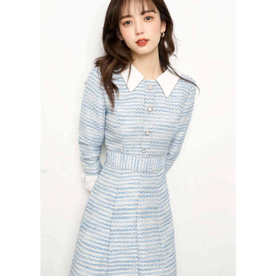 かわいい レディース ワンピース 秋冬 ブルー 30代 代 L M S ファッション デート 女子会 お出かけ 通学 通勤 入学式 入園式 フェミニン 上品 ブルー 膝丈 8分袖 ツイード 春 冬 秋 ワンピース チュニック Services Luthercare Com