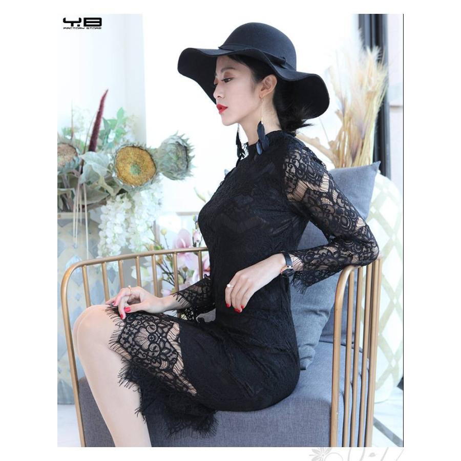 大人気新作 ワンピース レディース 大人 ホワイト ブラック 脚長効果 フリル タイト ミディアム ミニ丈 スタンドネック ハイネック シースルー レース 総レース ワンピース ワンピース カラー ブラック Proksi Si