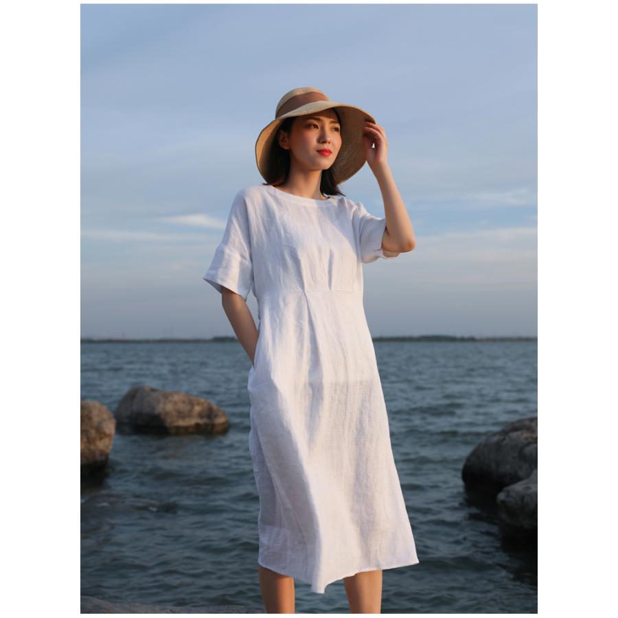 ワンピース レディース 麻 無地 ラウンドネック 夏 膝丈 半袖 ラウンドネック ウエストベルト Aライン ワンピース 膝丈 シンプル 旅行 トレンド East ヤフー店 上品 カジュアル 大人 Op Y3355 Prairie 本命ギフト